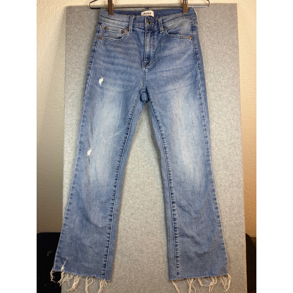 Pistola High Rise Distressed Straight Leg Frayed Hem Jeans Light Wash Size 27